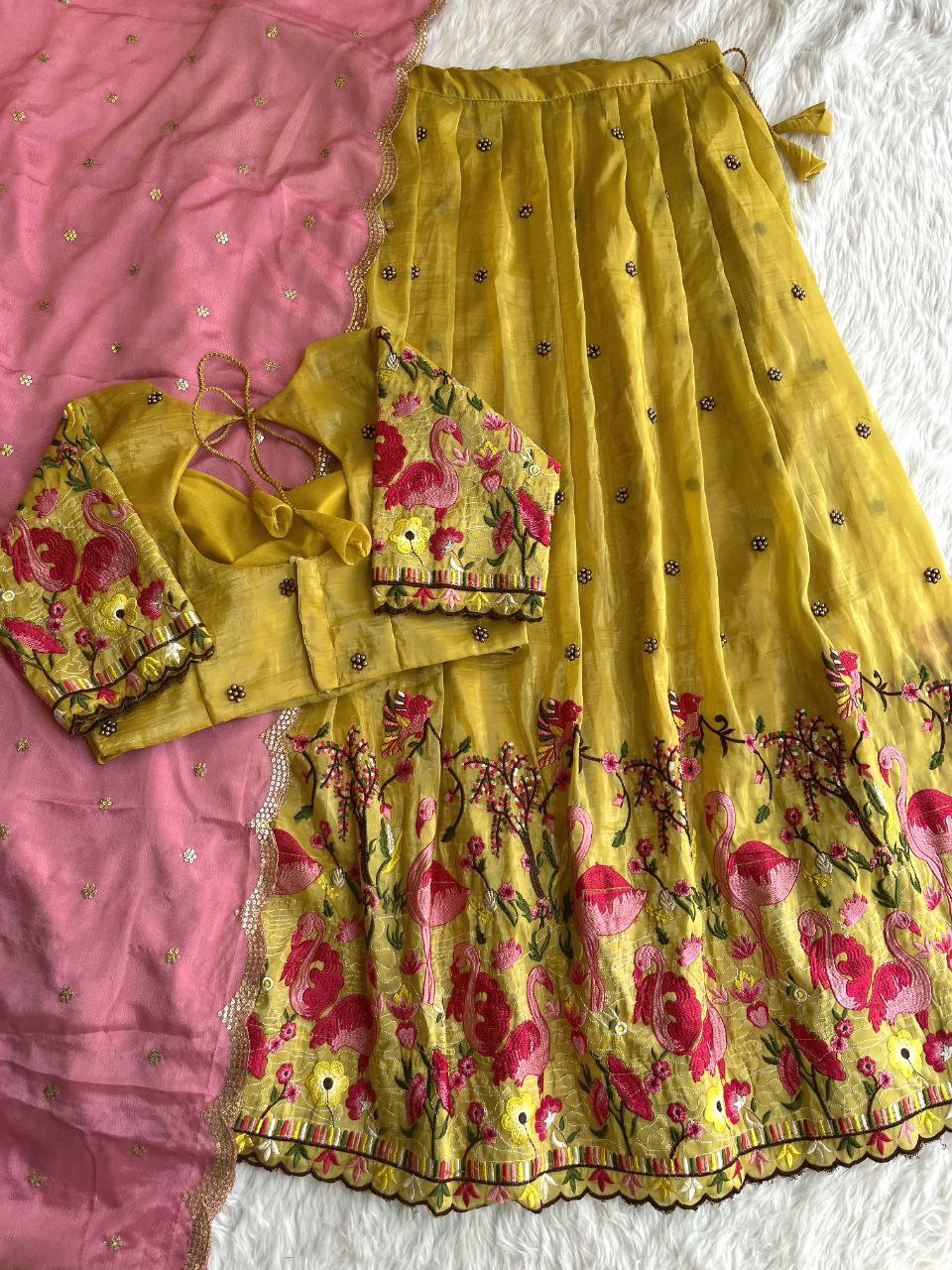 🦩 Flamingo Golden Royale – Designer Lehenga Set ❤️