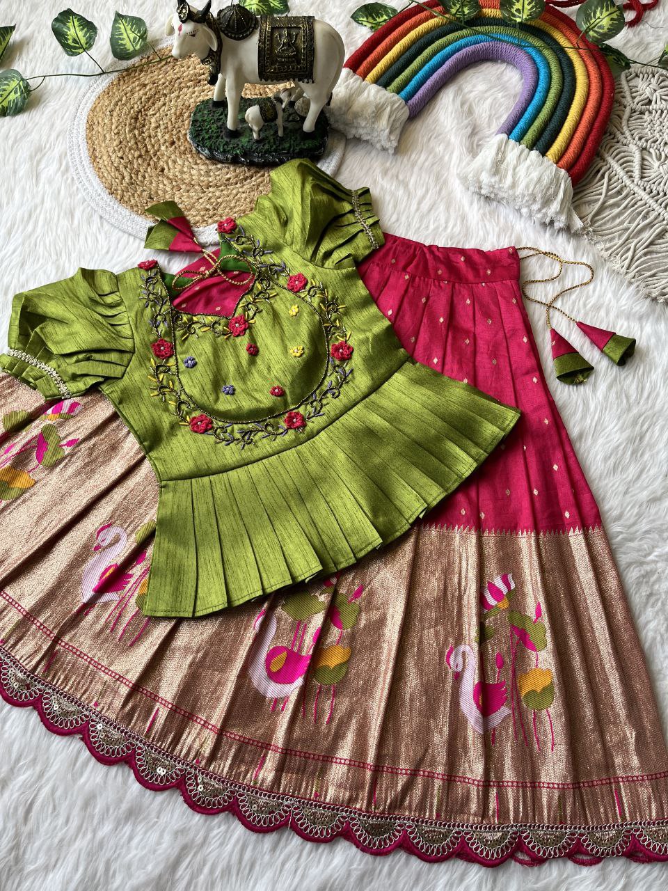 🦩 Flamingo Paithani Charm – Kids Designer Set 🦩