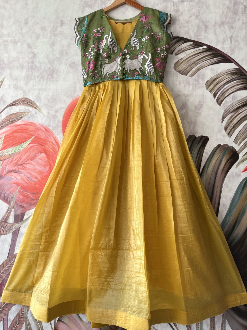 🪷 Pichwai Gold Royale – Designer Gown with Overcoat Set 🪷