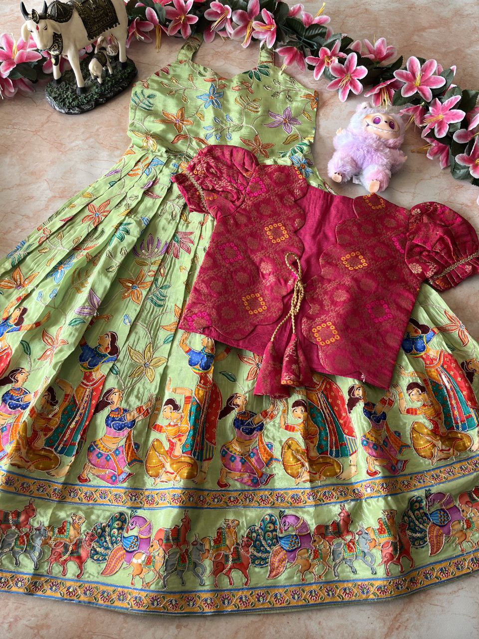 🌿 Kalamkari Bandhej Grace – Kids Designer Gown with Coat 🌿