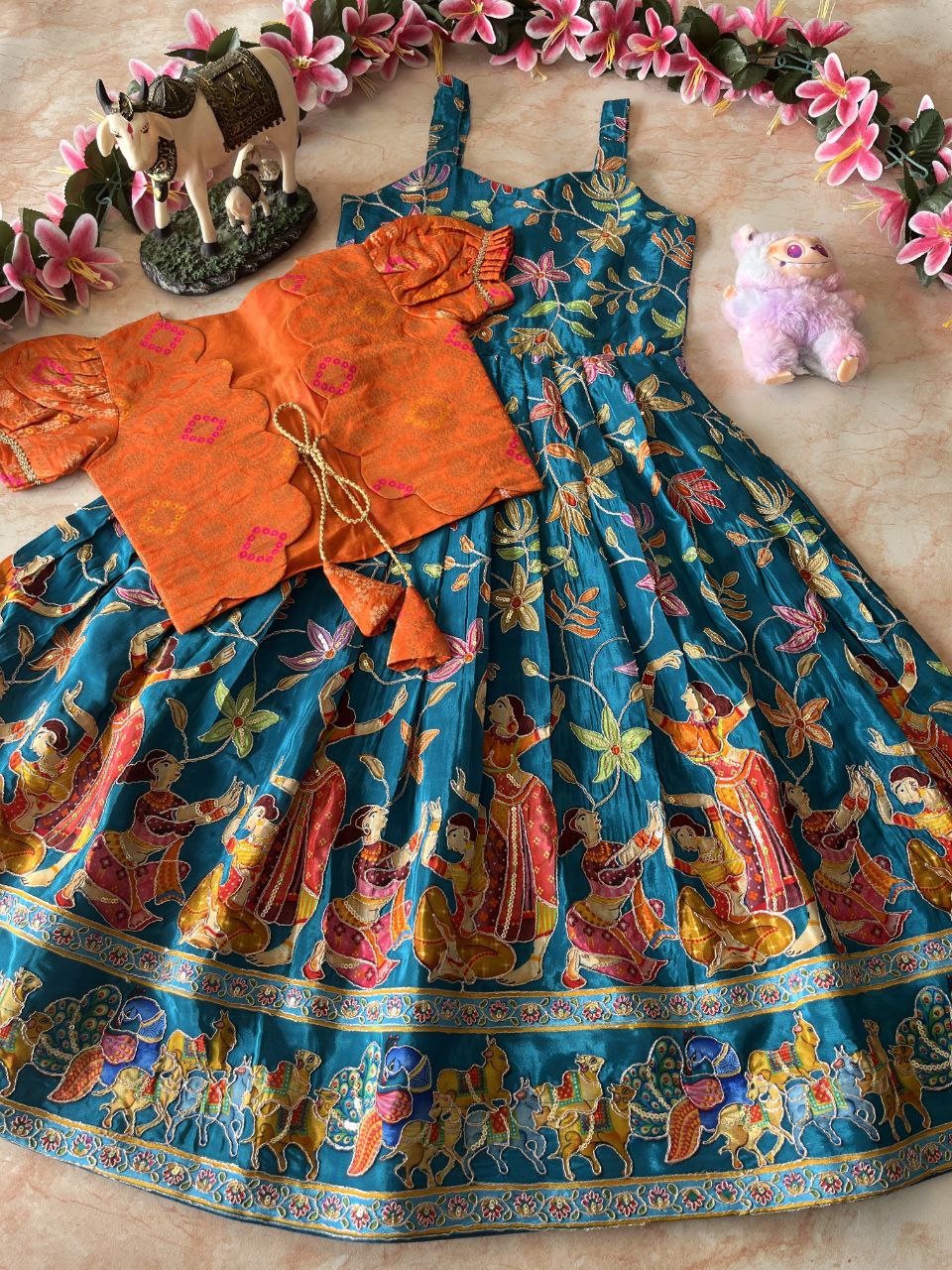 🌿 Kalamkari Bandhej Grace – Kids Designer Gown with Coat 🌿