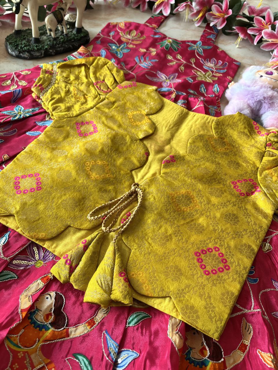 🌿 Kalamkari Bandhej Grace – Kids Designer Gown with Coat 🌿