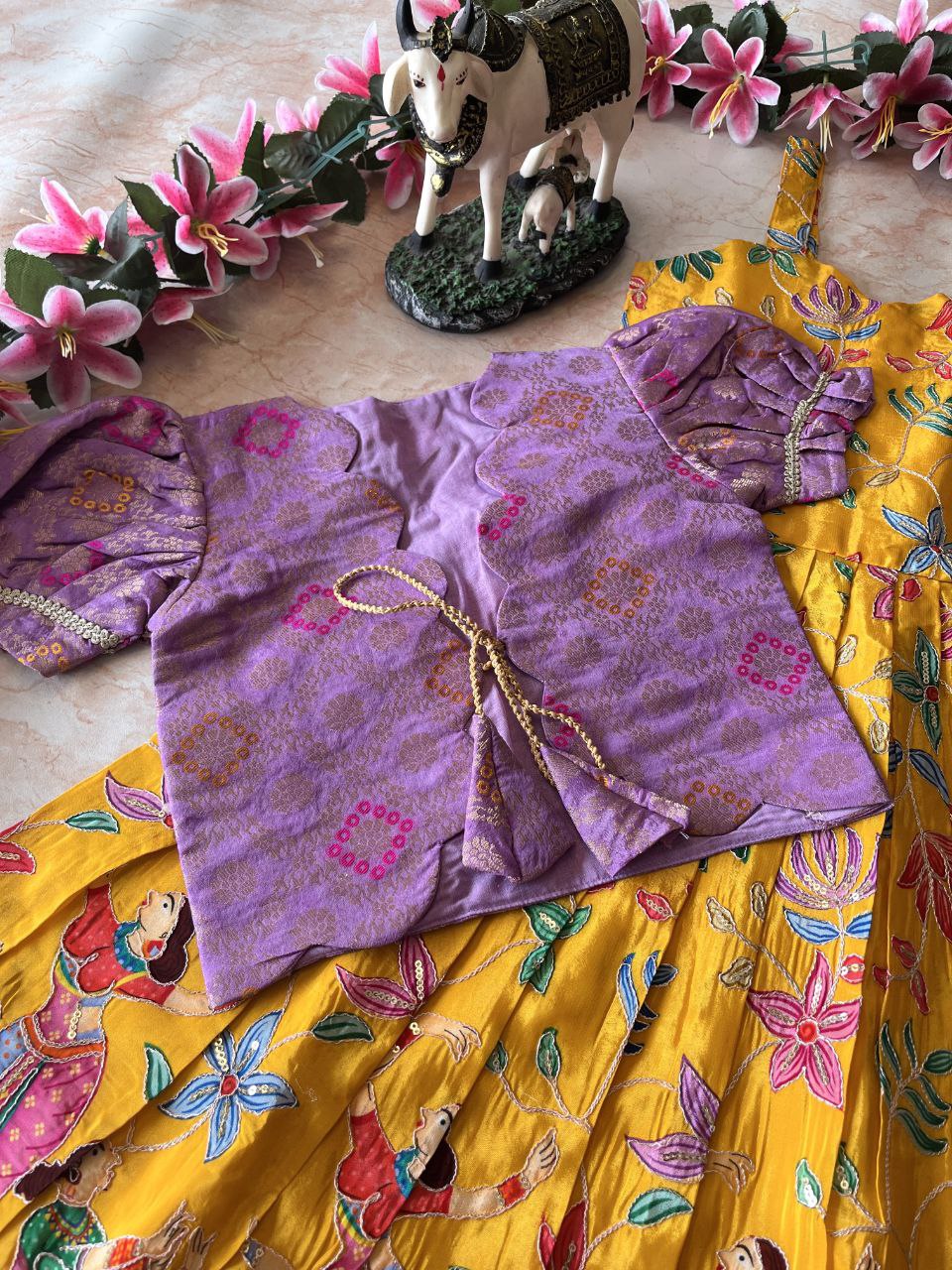 🌿 Kalamkari Bandhej Grace – Kids Designer Gown with Coat 🌿