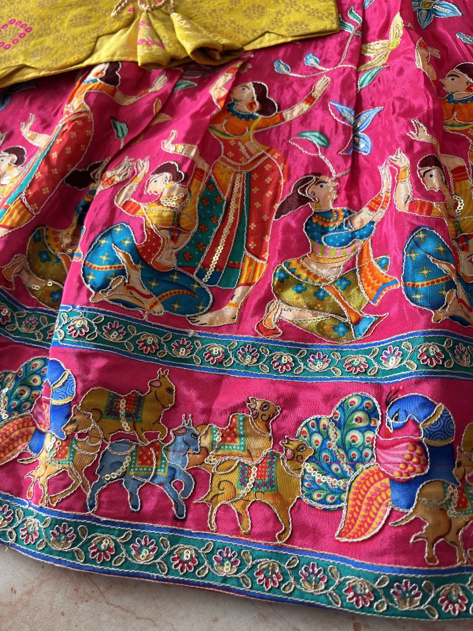 🌿 Kalamkari Bandhej Grace – Kids Designer Gown with Coat 🌿