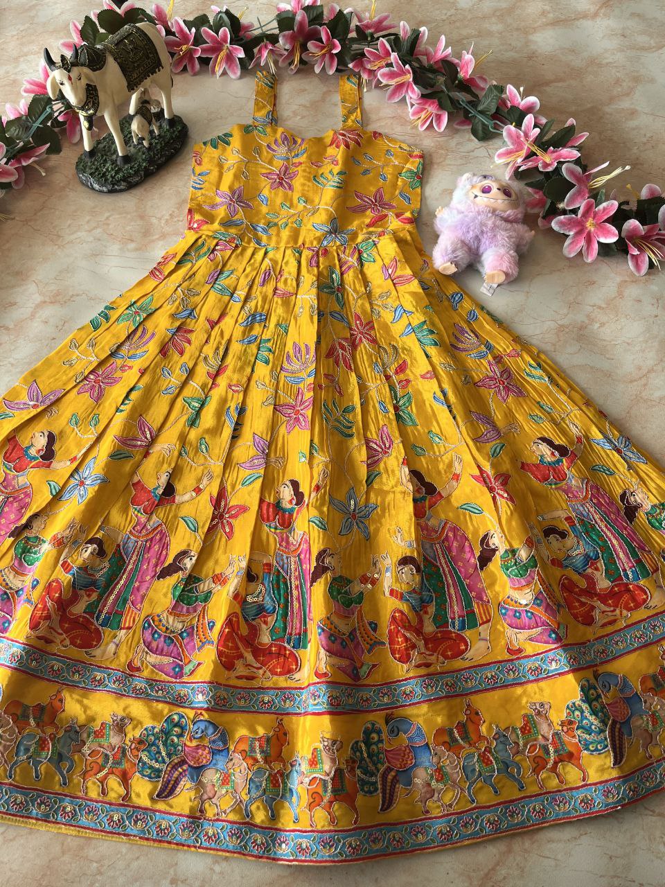 🌿 Kalamkari Bandhej Grace – Kids Designer Gown with Coat 🌿