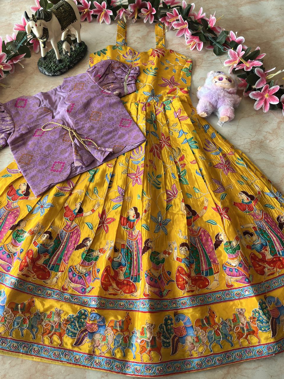 🌿 Kalamkari Bandhej Grace – Kids Designer Gown with Coat 🌿