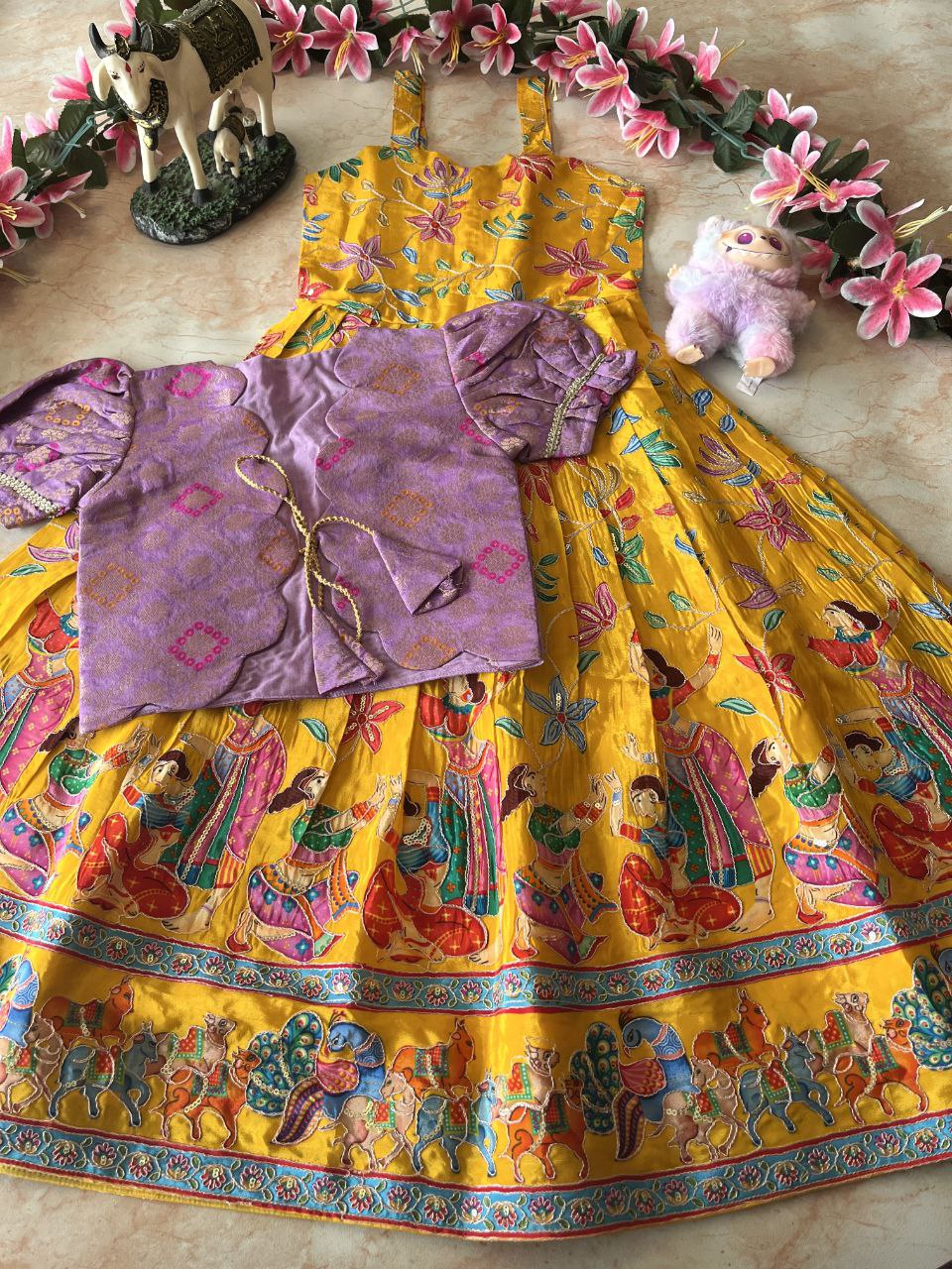 🌿 Kalamkari Bandhej Grace – Kids Designer Gown with Coat 🌿
