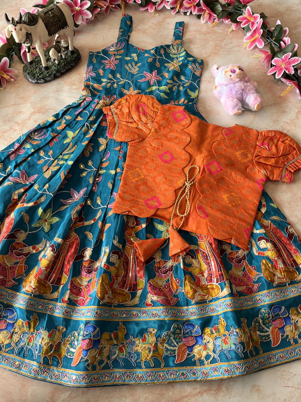 🌿 Kalamkari Bandhej Grace – Kids Designer Gown with Coat 🌿