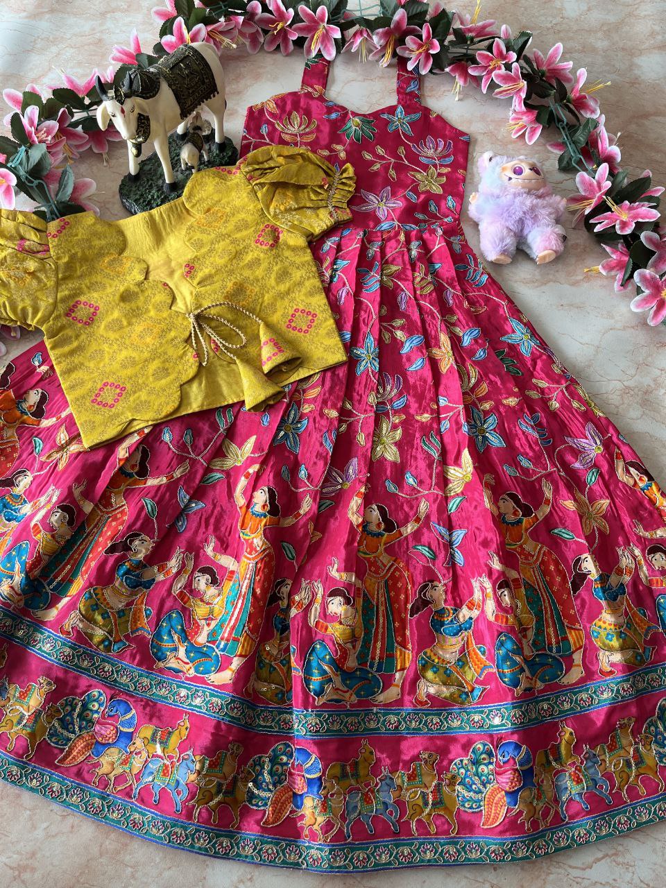 🌿 Kalamkari Bandhej Grace – Kids Designer Gown with Coat 🌿