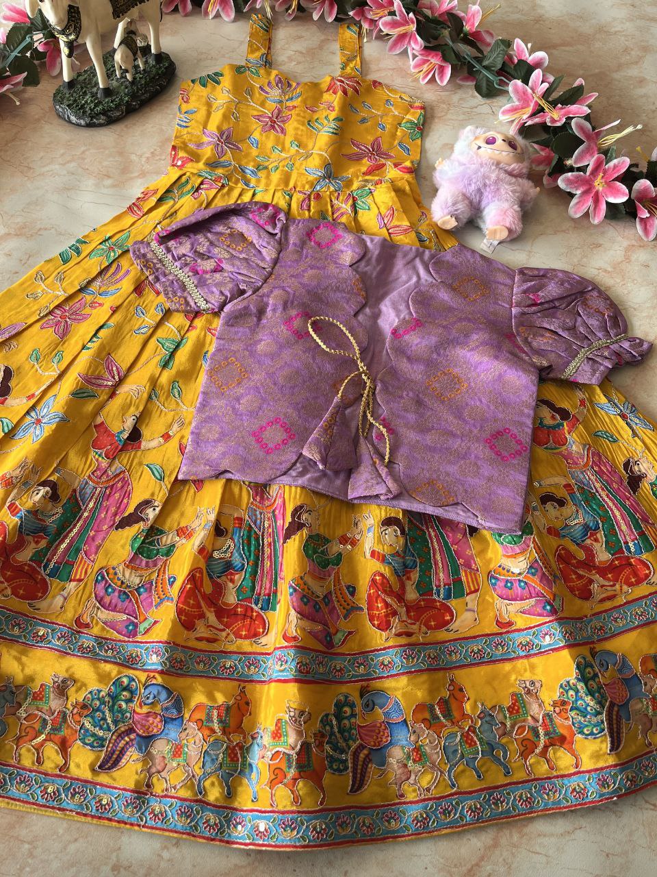 🌿 Kalamkari Bandhej Grace – Kids Designer Gown with Coat 🌿