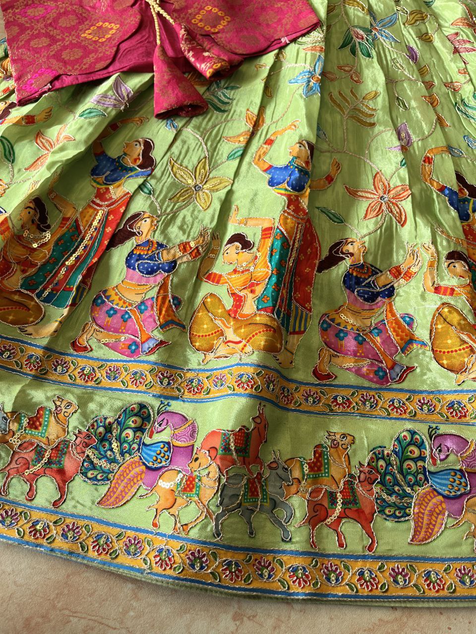🌿 Kalamkari Bandhej Grace – Kids Designer Gown with Coat 🌿