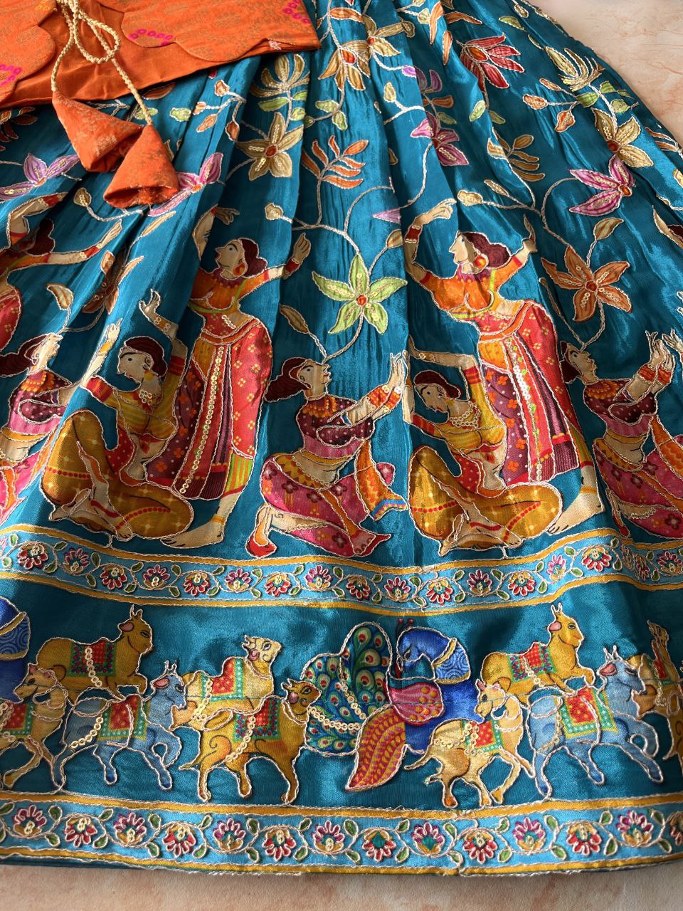 🌿 Kalamkari Bandhej Grace – Kids Designer Gown with Coat 🌿