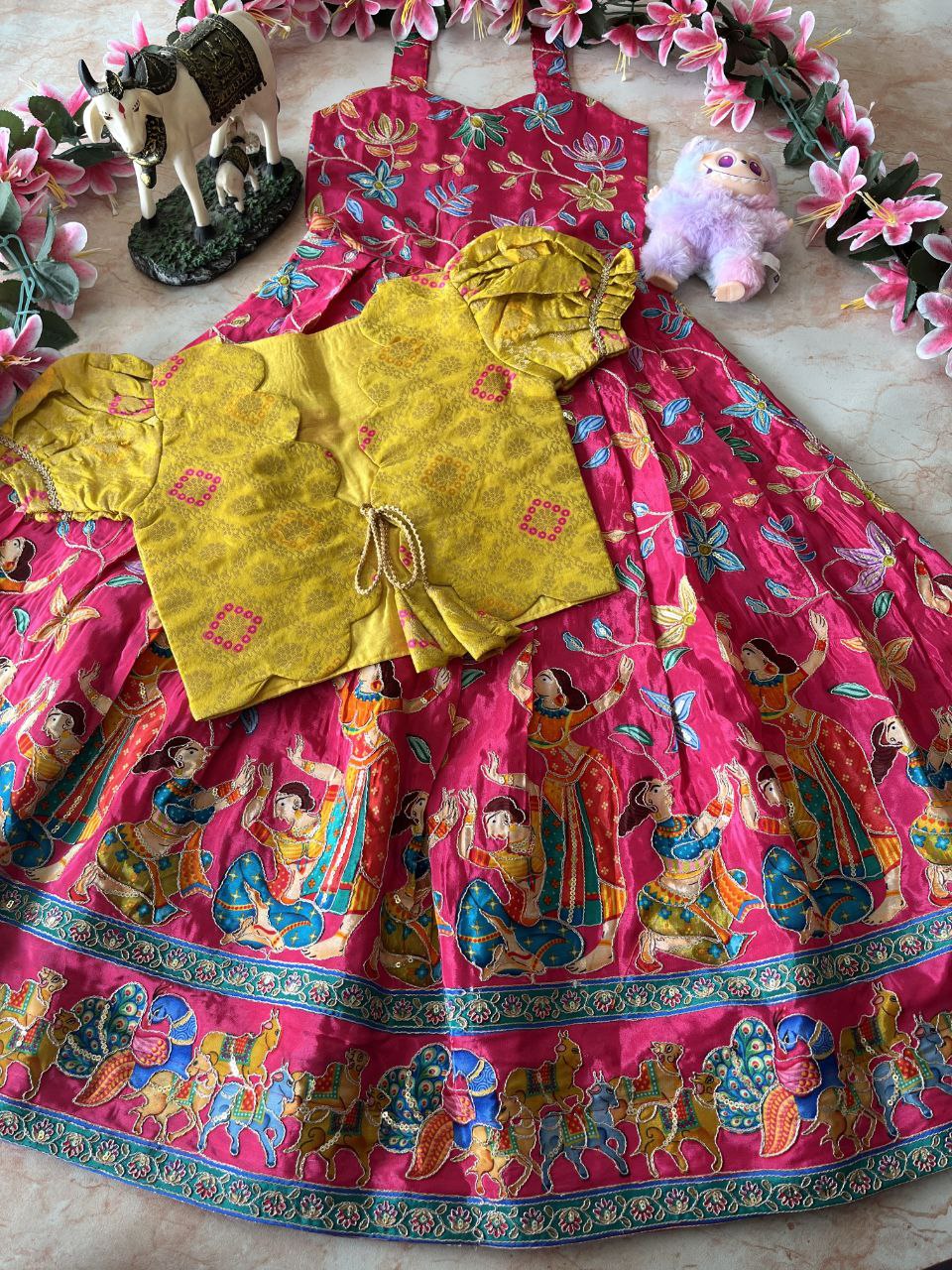🌿 Kalamkari Bandhej Grace – Kids Designer Gown with Coat 🌿