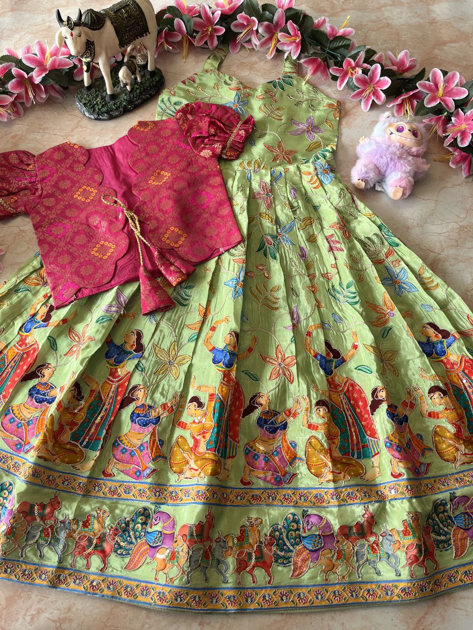 🌿 Kalamkari Bandhej Grace – Kids Designer Gown with Coat 🌿