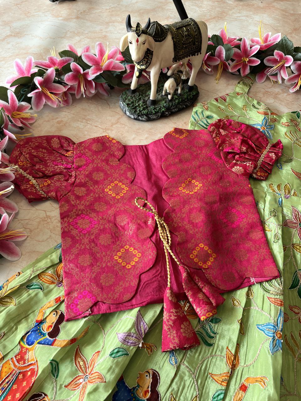 🌿 Kalamkari Bandhej Grace – Kids Designer Gown with Coat 🌿