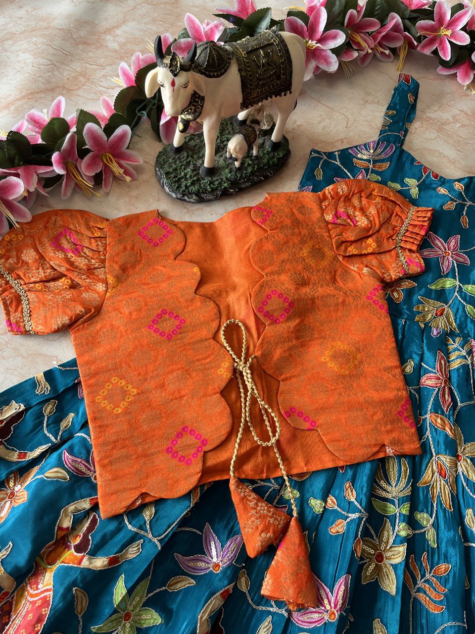 🌿 Kalamkari Bandhej Grace – Kids Designer Gown with Coat 🌿