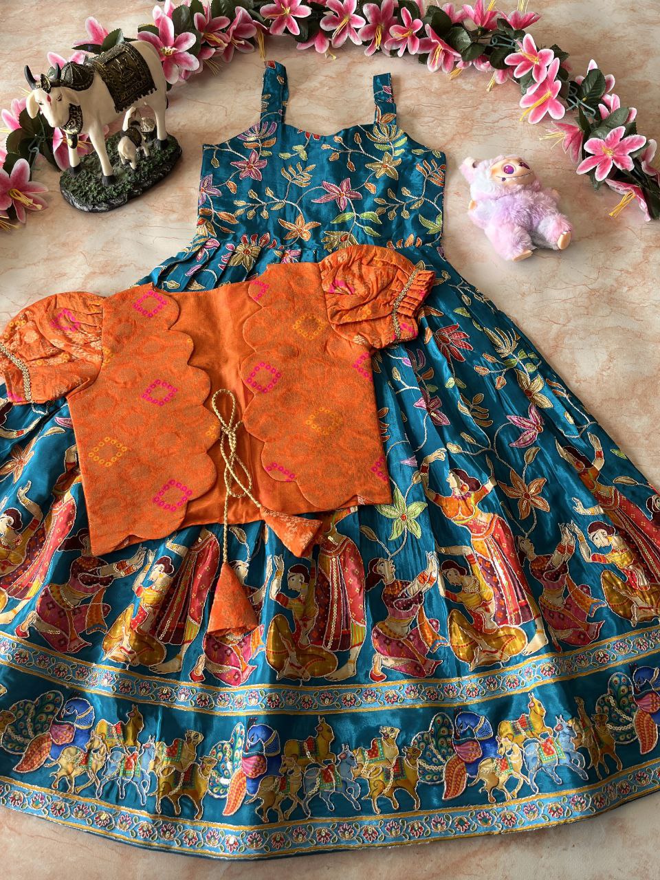 🌿 Kalamkari Bandhej Grace – Kids Designer Gown with Coat 🌿