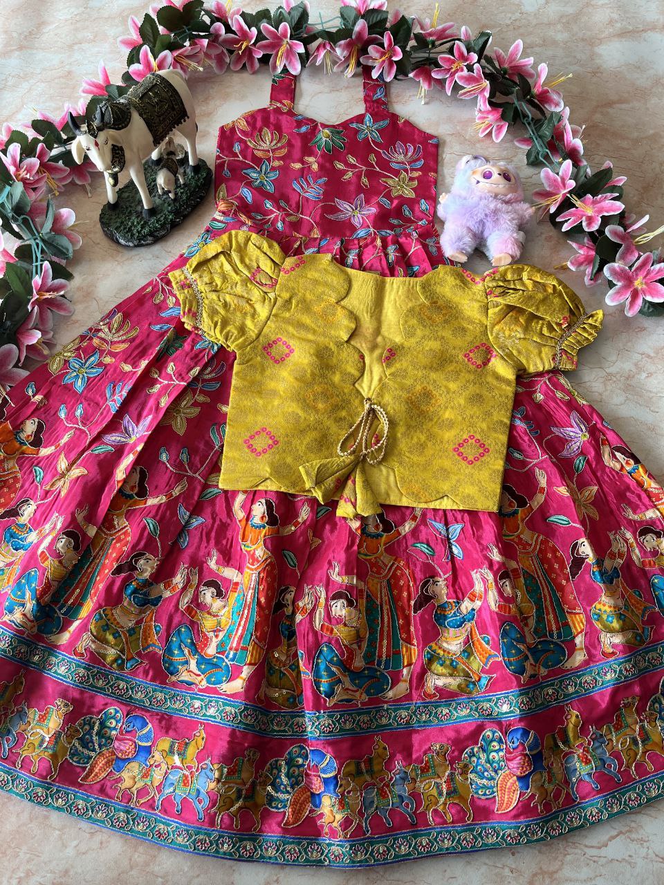 🌿 Kalamkari Bandhej Grace – Kids Designer Gown with Coat 🌿
