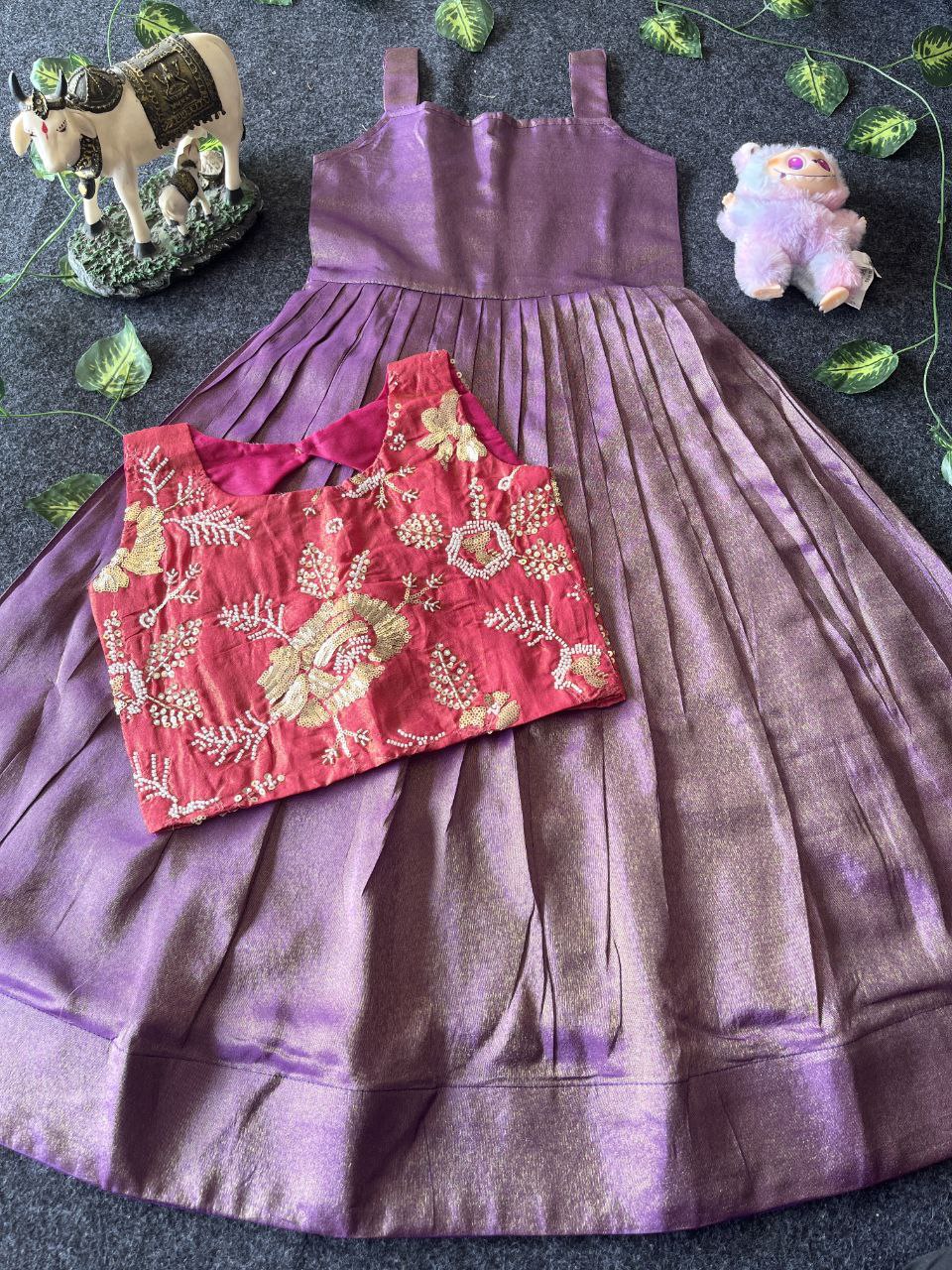 🌸 Floral Royal Layer – Kids Tissue Gown with Handwork Coat 🌸