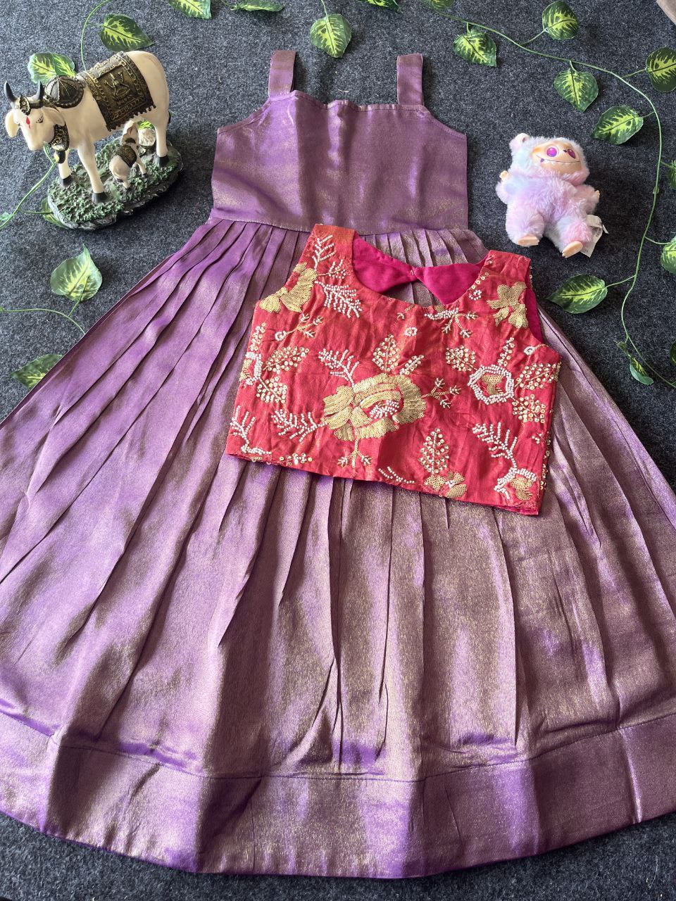 🌸 Floral Royal Layer – Kids Tissue Gown with Handwork Coat 🌸
