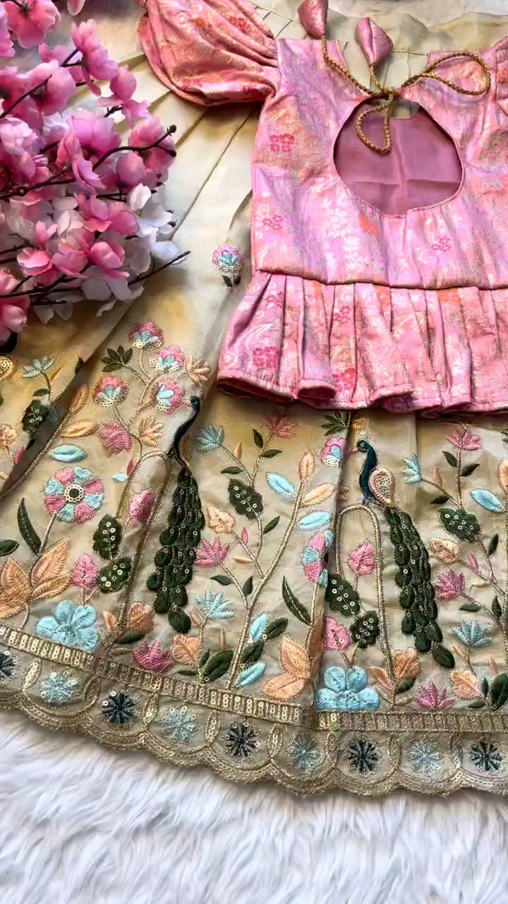 Peacock Beauty Kids Lehenga Set with Embroidery & Dola Silk Blouse