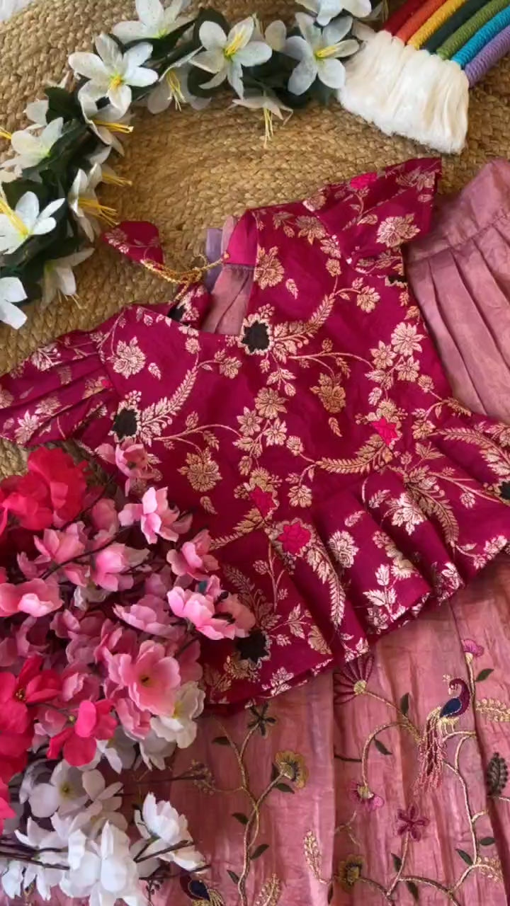 Elegant Kids Pattu Pavadai & Sattai Set – Embroidered Silk Lehenga Choli for Girls